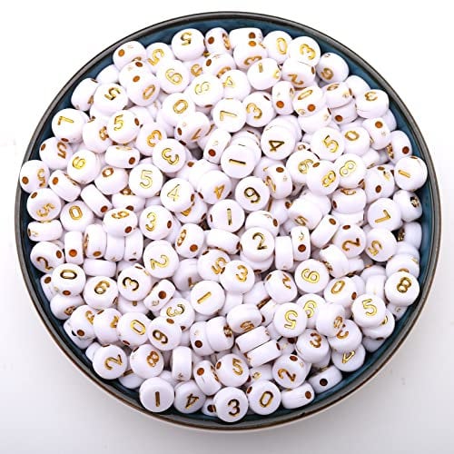 HERZWILD 800pcs Number Beads for Threading 4 x 7 mm Gold Number Bead Round Craft Beads Letters 0-9 for Jewellery Crafts (4 x 7 Gold Number)