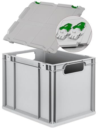 Eurobox NextGen Economy 40x30x32cm Griffe offen mit Scharnierdeckel grau, Kunststoffbox 30 Liter, Transportbox Lagerbox Campingbox stapelbar, Farbe Deckel-Verschlüsse wählbar (Verschluss Grün)