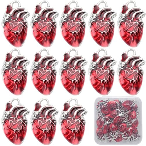 SUNNYCLUE 1 Box 30 Stück Herz Charms Bulk Legierung Anatomische Charms Rotes Emaille Metall Antik Silber Gothic 3D Orgel Herzen Hohle Charme Für Schmuckherstellung Frauen DIY Halsketten Ohrringe Armbä