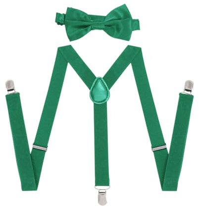 Fokecci Fliege Grün Hosenträger Set Herren Schwarz Einstellbar Hosenträger Damen Y-shaped mit 3 Stark Clips (Grün)