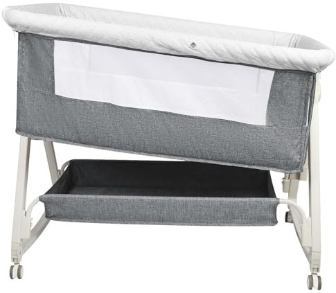 HUOLE 3 in 1 Beistellbett, Reisebett Baby mit Matratze, Babybett 6 Fach höhenverstellbar mit Aufbe, tragbarer Stubenwagen mit Rollen für Baby bis 36 Monaten-92 * 52 * 106-118cm – Leinengrau