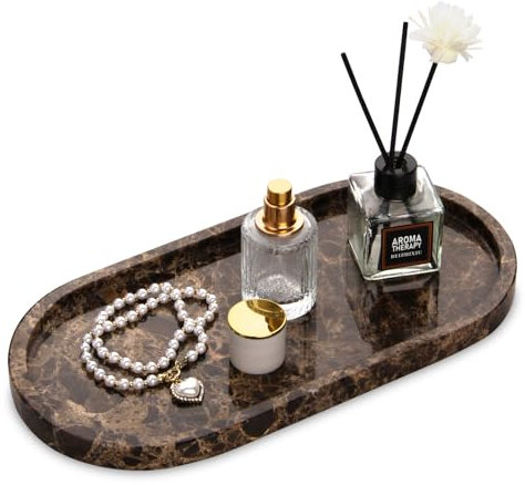 Oval Marble Bathroom Vanity Tray, Natural Luxury Marble Home Kitchen Bathroom Table Tray, Stone Decorative Countertop Serving Trays for Coffee Perfume Jewelry Makeup (Dark Brown)