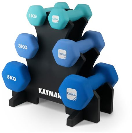 KAYMAN Neoprene Dumbbells Set with Stand – 1kg, 2kg, 3kg Hex Hand Weights for Home and Gym – Anti-Slip Grip, Water-Resistant Coating – Weights Dumbbells Set for Strength Training and Workouts