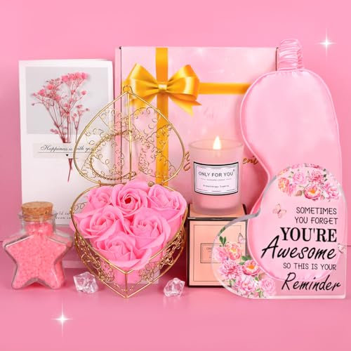 Coffret Cadeau Femme, Cadeaux Anniversaire Pour Femmes, Ensemble De Bain Cadeau Bougie Sel De Bain, Plaque acrylique Cadeau Personnalisé pour Femme, Idées Cadeaux Amusantes pour Elle,Femme (Rose)