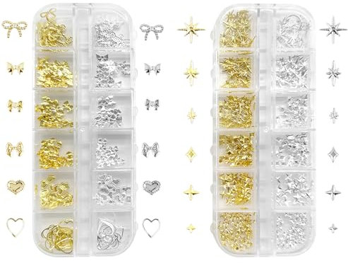 BUOKSLLY Lot de 2 boîtes de breloques pour ongles en forme d'étoile dorée et argentée - Décoration d'ongles en métal - Pierres à paillettes dorées - Pierres en cristal - Étoiles - Pour nail art DIY