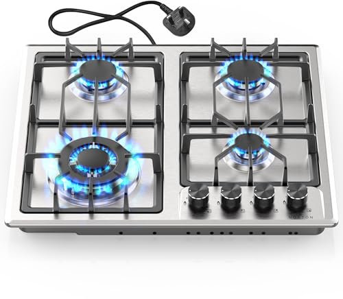 Noxton Gas Hob 4 Burner, 60cm Gas Hob Plug & Go, Stainless Steel Easy to Clean, Cast Iron Pan Support, Flame Out Protection Prevent Gas Leakage, LPG/NG Kit, 59cm x 51cm