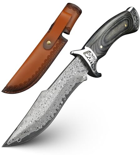 XUANFENG couteau de chasse damas de plein air avec fourreau en cuir véritable, japonais forgé à la main Véritable acier damassé couteau de survie fixe manche en bois