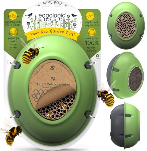eggologic Hive Pod Bee Hotel, Modernes Insektenhaus für Gärten - Solitäres Bienenhaus mit natürlichen Niströhren, Wandmontierter Käferkasten für Bestäuber, für Gärtner, toskanisches Grün