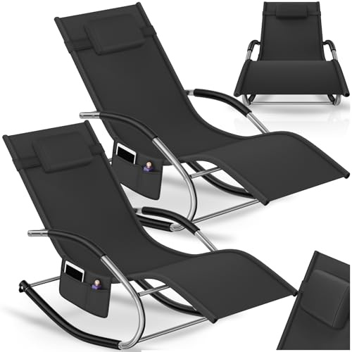 tectake® Gartenliege mit Seitentasche, Relaxliege, Liegestuhl Schaukelstuhl, Sonnenliege, Schaukel Outdoor Gartenmöbel, Terrasse, Balkonmöbel, Pool Garten, Lounge Möbel Outdoor - schwarz, 2er Set
