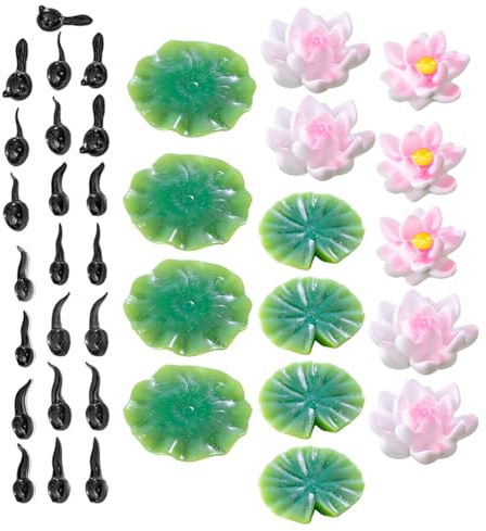 TOGEVAL Künstliche Seerosen Teichdeko Satz mit Kleiner Harzfröschen und Kaulquappen Schwimmende Lotusblätter und Blüten für Aquarien und Gartenteiche