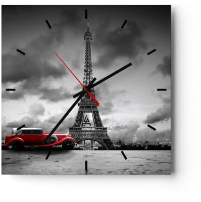 ARTTOR Moderne Glasuhr 30x30cm Quadrat Wanduhr Architektur Städte - 2828 | Auto Eiffel Paris Glas Analog Wanduhr Lautlos Wanddekoration Wohnzimmer Büro Küche Wanddeko Küchenuhr Geräuschlos ARTTOR