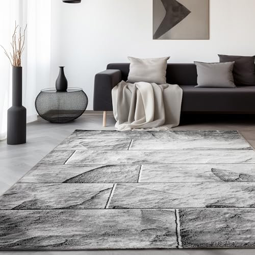SIMPEX Teppich Wohnzimmer Schlafzimmer Esszimmer Teppich Läufer Flur Küchenteppich Modernes Steinmuster Soft & Weich Kurzflor Pflegeleicht Home Farbe: Schwarz, 200 x 290 cm