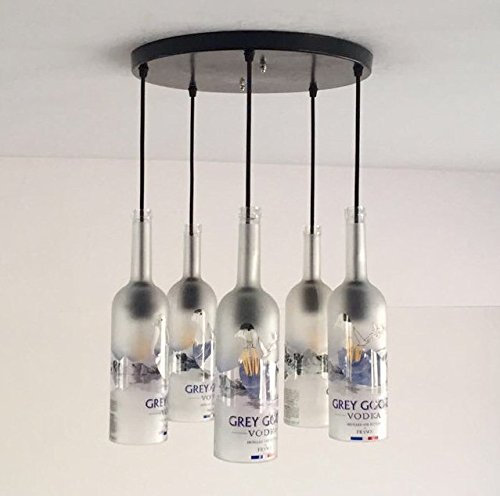 BOMBAY SAPPHIRE GIN Bottle Industrial LIght fixture - Chandelier - Ceiling Lamp Made from 5 Bottles for Home & Bar Lighting WITH BULBS