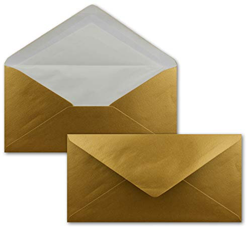 100 x DIN Lang Briefumschläge - Gold mit weißem Seidenfutter - 11x22 cm - 100 g/m² - ideal für Einladungen, Weihnachtskarten, Glückwunschkarten aus der Serie Farbenfroh