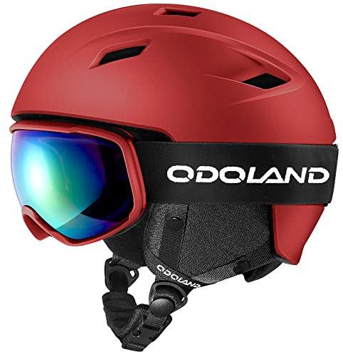 Odoland Skihelm und Skibrille Set, Snowboardhelm mit Snowboardbrille für Erwachsene, Schneebrille UV 400 Schutz Windwiderstand Snowboard Brille zum Skifahren und Bergsteigen Rot M