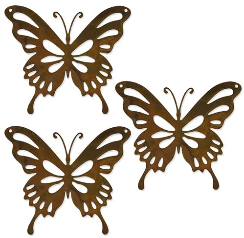 Rostikal 3er Set Schmetterling Deko 12 x 14 cm Rost Gartendeko zum Hängen Wanddeko Metall