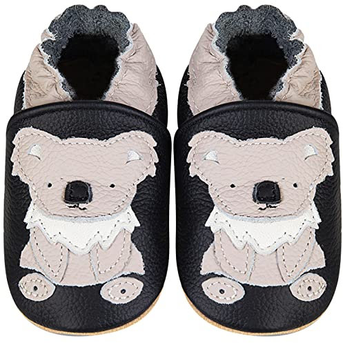 IceUnicorn Krabbelschuhe Baby Lauflernschuhe Jungen Mädchen Weicher Leder Babyhausschuhe Kleinkind Rutschfeste Lederschuhe Baby(Schwarzer Koala, 18-24 Monate)