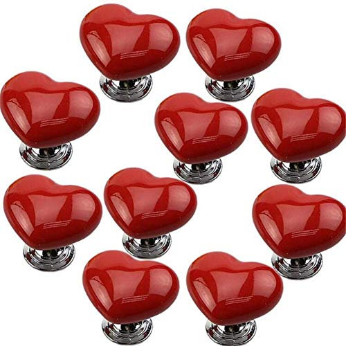 10 Pièces 38mm Tirer Poignée, Vintage Forme Coeur Céramique Porte Boutons, Armoire Tiroir Placard Cuisine Closet Boite Poubelle Volets Salle de Bain Boutons Maison Meuble Décoration Poignées - Rouge