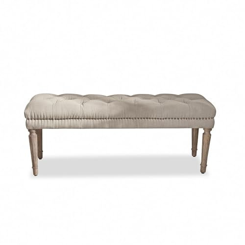 Loberon Bank Brookfield, mit Chesterfield-Steppung & Nieten, Handgedrechselte Beine, Historischer Stil, Sitzbank, Sitzmöbel, Mangoholz, leinen