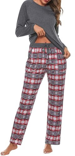 Uniexcosm Pigiama Donna, Pigiama a Quadri Donna Lungo Pigiama da Donna Cotone Leggero con Girocollo Pigiama 2 Pezzi Donna con Tasca Sciolto Accogliente per Casa e Casuale Grigio Scuro M