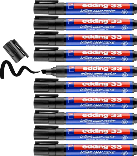 edding 33 brilliant paper marker - black - 10 waterproof permanent markers - chisel nib 1-5 mm - vibrant colours - lightfast marking on paper, card, cardboard, plastic, metal and glass, 4-33001