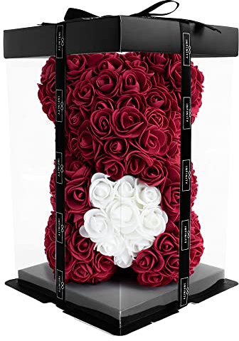 Infinity® Rosenbär mit Herz, Geschenkbox & über 300 handbeklebten ewigen Rosen mit Duft - Geschenk für Frauen, zum Geburtstag oder Jahrestag (Rosen Teddybär Rot in 25cm)