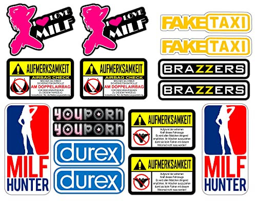 Adesivi Moto Divertenti Stickers decal fun tube porn youporn faketaxi fun - 16 Pezzi Kit - Motocross Bici Mtb Computer Motorino VINILE LUCIDO Marche Famose Pack (Tedesco)