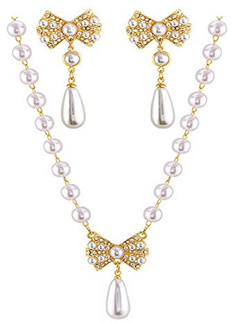Pearl Heart Necklace Earrings Sets Crystal Butterfly Bow Pendant Necklace Faux Pearl French Rhinestone Love Heart Bow-Knot Tassels Choker Necklace Jewelry for Women Girls (Gold B)