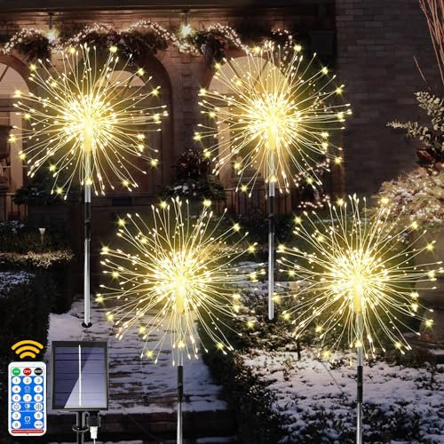 Dekofun Solarlampen für Außen 4 x 120 LED Solarleuchten Garten, 8 Modi Pusteblume Gartenstecker Winterfest Feuerwerk Wegeleuchten, Solar Gartenbeleuchtung für Balkon Blumenkasten Terrasse Deko