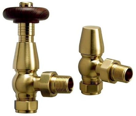 Traditional Angled Radiator Valves - Brushed Brass Thermostatic TRV Valve Pair 15mm / ½” - Stylish Heating Control for Column & Towel Radiators