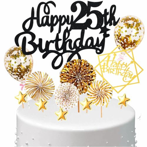 Conruich Tortendeko Happy Birthday Kuchen Topper 25. Geburtstag Frau,Kuchendeko Happy 25th Birthday, Schwarz Cake Topper 25. Geburtstag Konfetti Ballon für Geburtstagstorte Deko 25 Jahre Frauen Männer