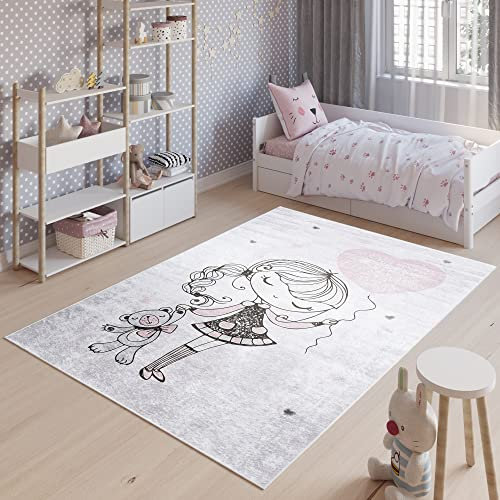 TAPISO Emma Teppich Waschbar bei 30 Grad Hellgrau Mädchen Bär bedruckter Kinderteppich Antirutsch Kinderzimmer Jugendzimmer Modern ÖKO-TEX 120 x 170 cm