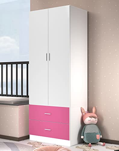 URBNLIVING Modern Kids Large Bedroom Double Wardrobe 2 Doors and 2 Drawers Closet Cupboard Storage Unit (White Carcass + Pink Drawers)