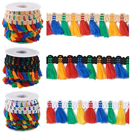 Pandahall 30 Meter 3 Rollen Polyester Quaste Fransen Besatz Buntes Band für Bühne Kleidung Vorhänge Taschen Basteln Dekorationen Zubehör
