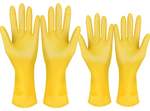 VacFreKep 2paires de gants de ménage réutilisables, gants de vaisselle en caoutchouc, super épais, manches longues, nettoyage de cuisine, travail, peinture, jardinage, soins de animaux (m et l,Jaunes)