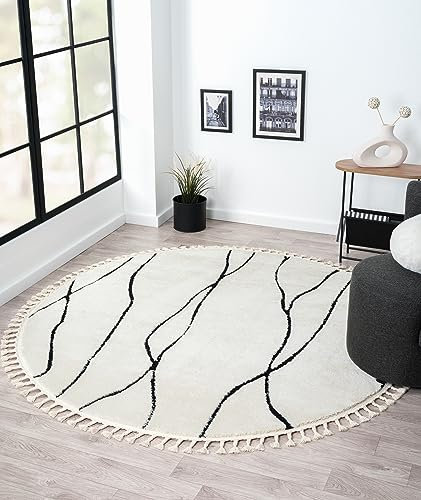 MY-RUG Teppich Linnea rund weiß schwarz mit Muster und Linien, Wohnzimmerteppich kurzflor Shaggy, Boho & geometrisch, Schlafzimmer Teppich im Landhaus Stil