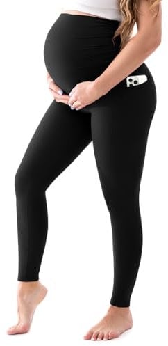 Walifrey Women's Maternity Leggings with Pockets,High Waist Opaque Comfortable Pregnancy Black Leggings M