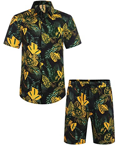 COOFANDY Ensemble de chemises et shorts hawaïens pour homme - 2 pièces - Flamant rose - Chemise tropicale à manches courtes - Tenue de vacances de plage - Tailles S à 3XL, Palmier : jaune et vert, L