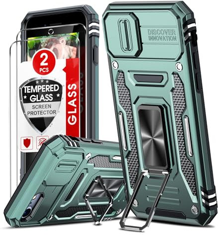 LeYi for iPhone SE 2020/2022 / 7/8 Case, with Camera Lens Cover Slider, 2 Screen Protectors, Ring Stand, Military Shockproof Armour, Light Green