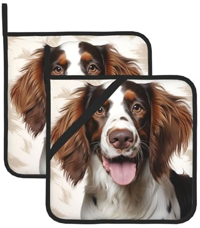Cute Springer Spaniel Print Pot Holders Set of 2 Kitchen Heat Resistant Hot Pads with Pocket Waterproof Potholder for Cooking Baking Oven BBQ Housewarming Gift