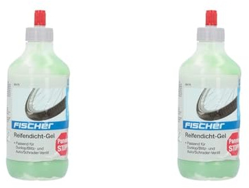 FISCHER Reifendicht-Gel für 2 Schläuche, Passend für Dunlop/Blitz- und Auto/Schrader- Ventil, Keine Demontage des Reifens nötig, sofortige Abdichtung kleinerer Stichverletzungen, grün, 350ml