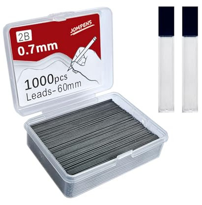 JOMPENS Druckbleistiftminen-Set 0,5, 0,7, 0,9 mm, 2B, 60 mm, Kunstzeichnung, automatischer Bleistift, austauschbare Nachfüllminen mit 2 Röhren, Schreibwaren (0,7 mm), 1000 Stück, 0.7mm, BX192