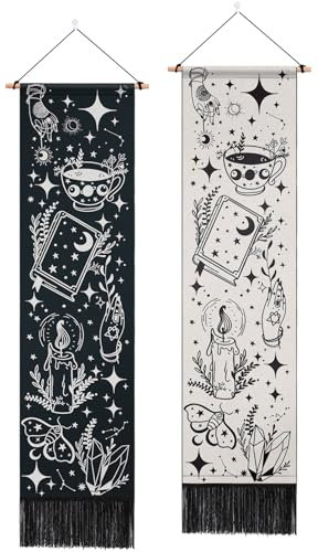 ARTCREATOR 2 Stück Hexe Schwarz und Weiß Vertikale Wandteppiche - Gothic Ästhetischer Langer Wandteppich für Wohnzimmer und Schlafzimmer Wanddekoration (32,5 x 130 cm)
