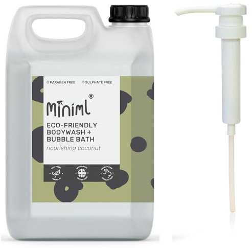 Miniml All Natural Body Wash and Bubble Bath - 5L Refill and 5L Pump - Moisturising Nourishing Coconut Sensitive Skin Eco Shower Gel Bath Soak - Vegan Friendly Hand, Face & Body High Foam Scrub