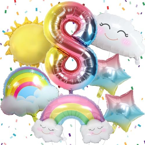 8 Jahre Regenbogen Geburtstag Deko für Mädchen - Folienballon, Sonne, Sterne Luftballons für 8. Geburtstag Mädchen