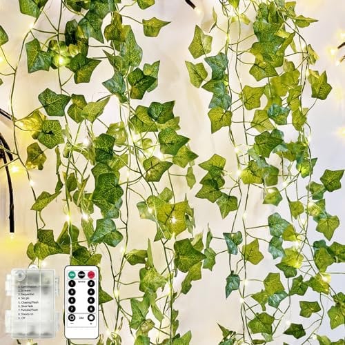 Kimuwote LED Lichterkette Efeu Künstlich, 3M 30LED Lichterkette Innen Batterie mit Timing-Funktion 8 Modes, Lichterkette mit Blumengirlande Hängend Pflanzen für Innenberei,Garten,Hochzeit,Party Deko