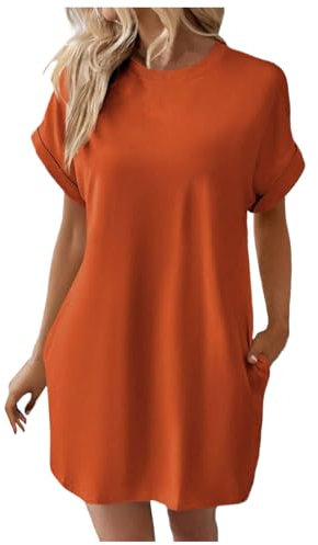 Sommerkleid Damen Knielang T-Shirt Kleid Lässiges Lockeres Blusenkleid Baumwolle Leinen Einfarbige Vintage Kleider Freizeitkleid Shirtkleid Rundhals Langes Shirt Kurzarm Tunika Kleid