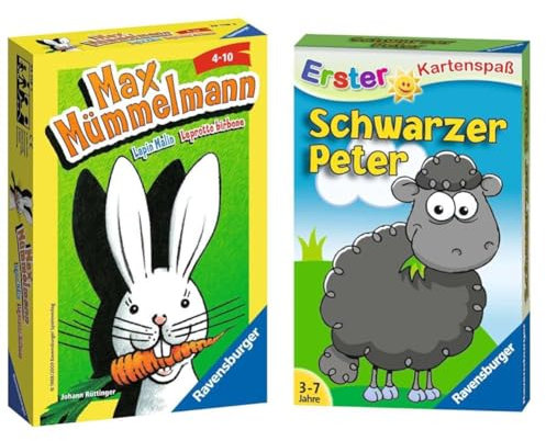 Ravensburger 23119 - Max Mümmelmann, Mitbringspiel für 2-4 Spieler, Kinderspiel ab 4 Jahren, kompaktes Format, Reisespiel, Hase & 20432 - Schwarzer Peter - Schaf, Kartenspiele ab 3 Jahren