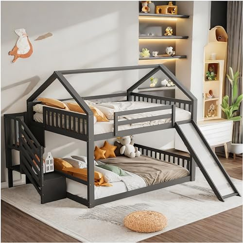 Letto a castello 140x200 cm, letto per bambini con scala di contenimento e scivolo, letto per famiglie con sponde (grigio, 140 * 200)