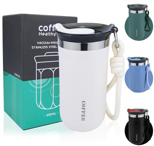 Disoza 340 ml Thermobecher Kaffee to go Kaffeebecher Thermobecher Travel Coffee Mug Kaffeebecher to go Thermo Becher mit Deckel Termokaffeebecher Weiß Thermotasse Trinkbecher mit Deckel